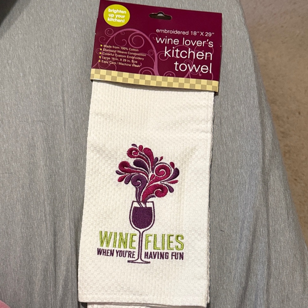 Brighten Up Your Kitchen Wine Towel - White with Purple and Green Embroidery